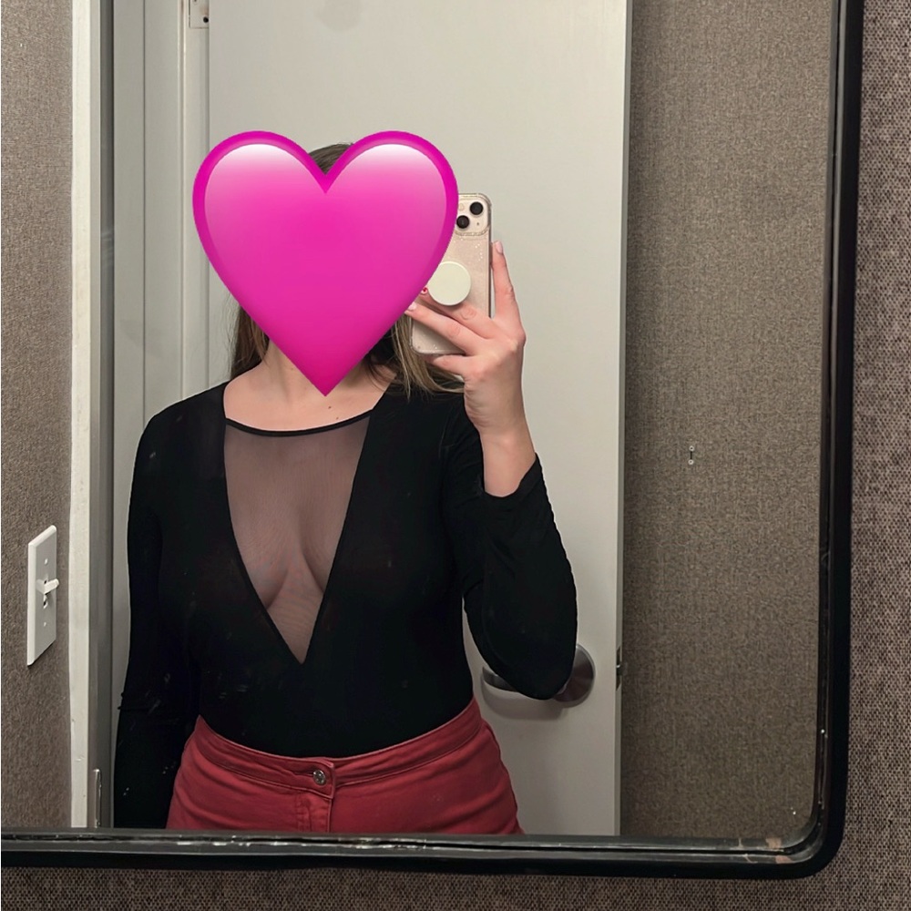 Forever 21 Black Sheer Longsleeve Deep V Bodysuit